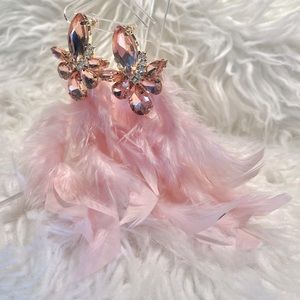 Blush Pink Rhinestone and Feather Stud Earrings